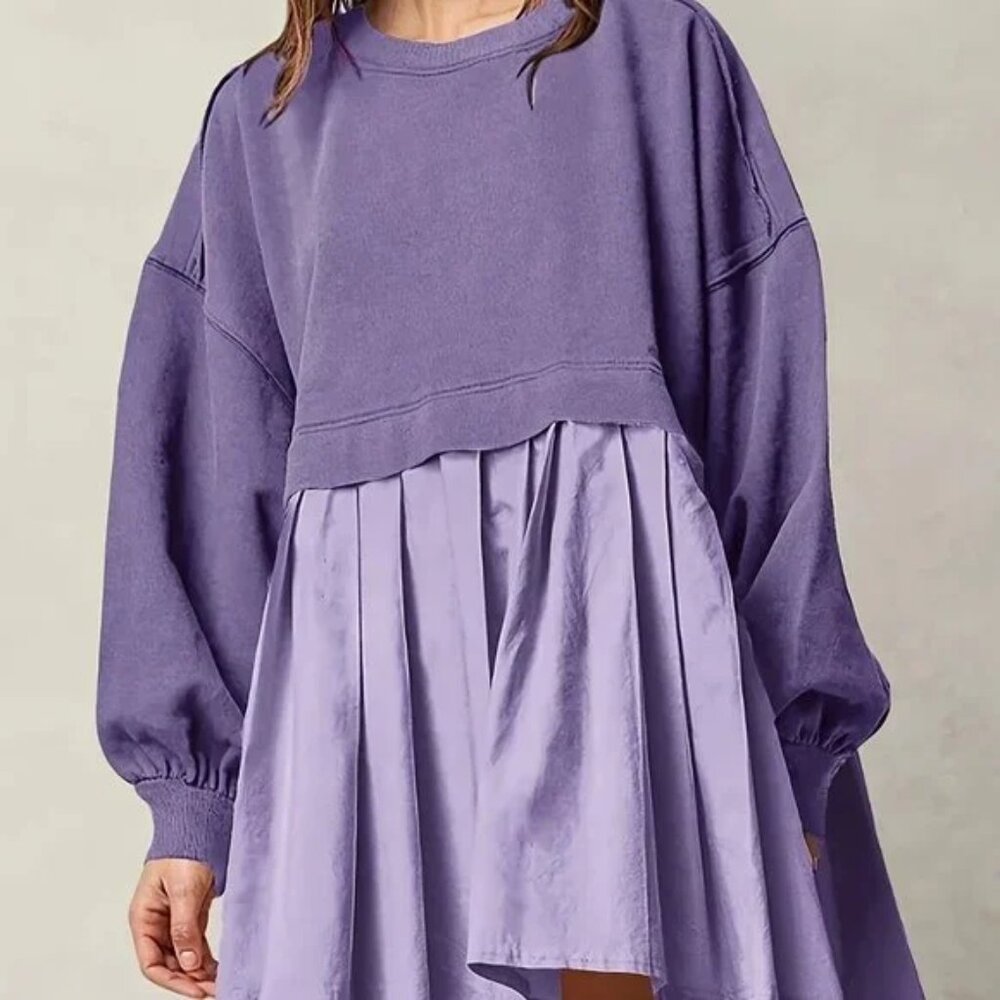 Purple Long Sleeve Pleated Hem Sweater Dress - Picture 3 of 5